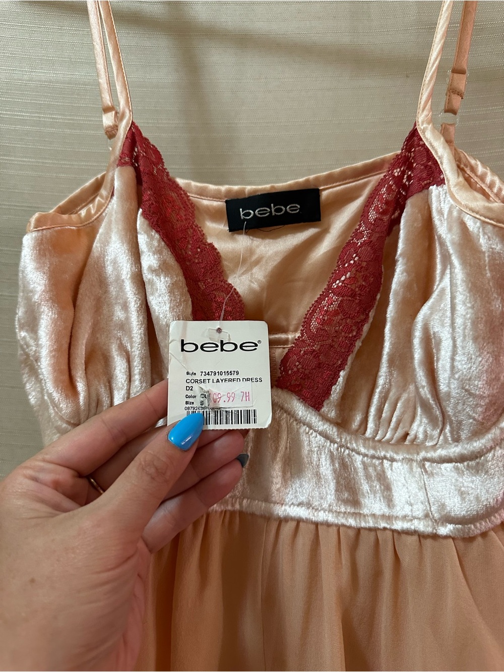 Vintage Y2K Bebe Peach Silk Babydoll Layered Dress Velvet Fairy Asymmetrical - Picture 3 of 11